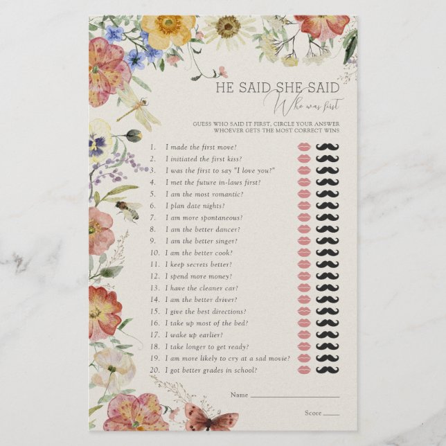 Lámina He Said She Said Pressed Wildflower Shower Game (Anverso)