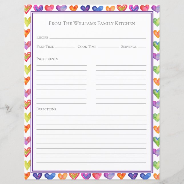 Lámina Hearts Rainbow White Recipe Paper Sheet (Anverso)