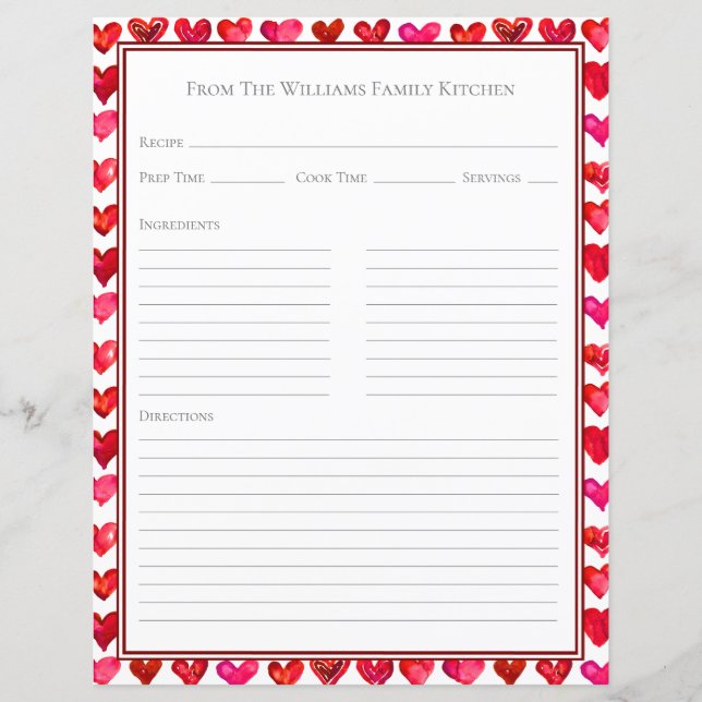 Lámina Hearts Red Pink White Recipe Paper Sheet (Anverso)