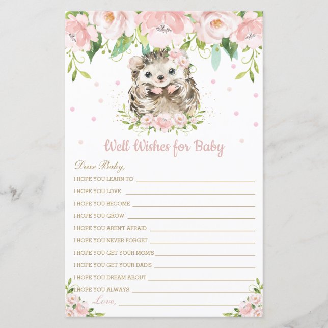 Lámina Hedgehog Pink Floral Well Wiers for Baby Card (Anverso)