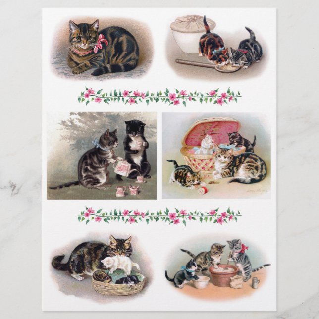 Lámina Helena Maguire Vintage Cat with Kittens Fussy Cuts (Anverso)