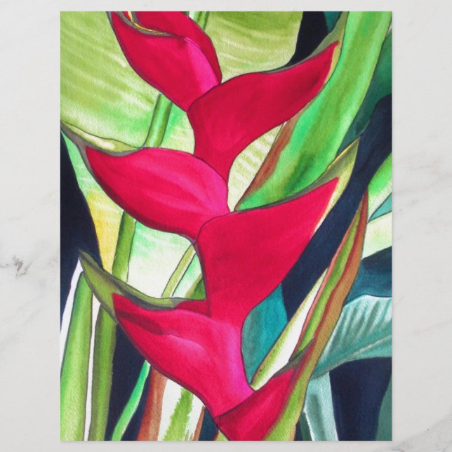 Lámina Heliconia Lobster Claw flor de acuarcolía tropical (Anverso)