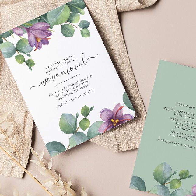 Lámina Hemos movido el presupuesto Eucaliptus Morado Movi (Eucalyptus Botanical Moving Announcement Card)