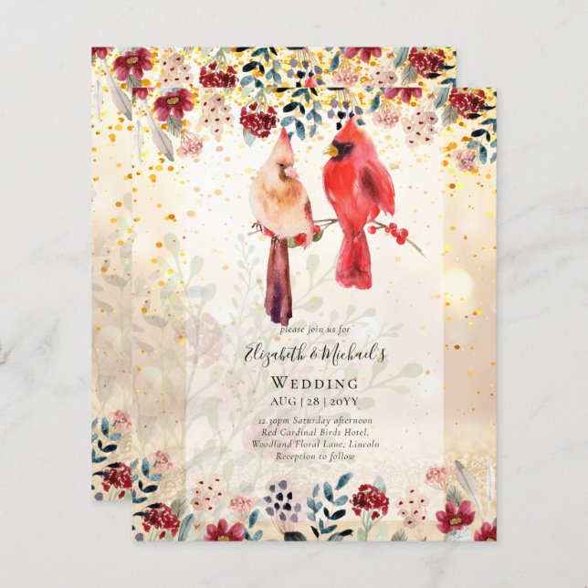 Lámina Hermosa invitación de matrimonio para aves CARDINA (Anverso / Reverso)