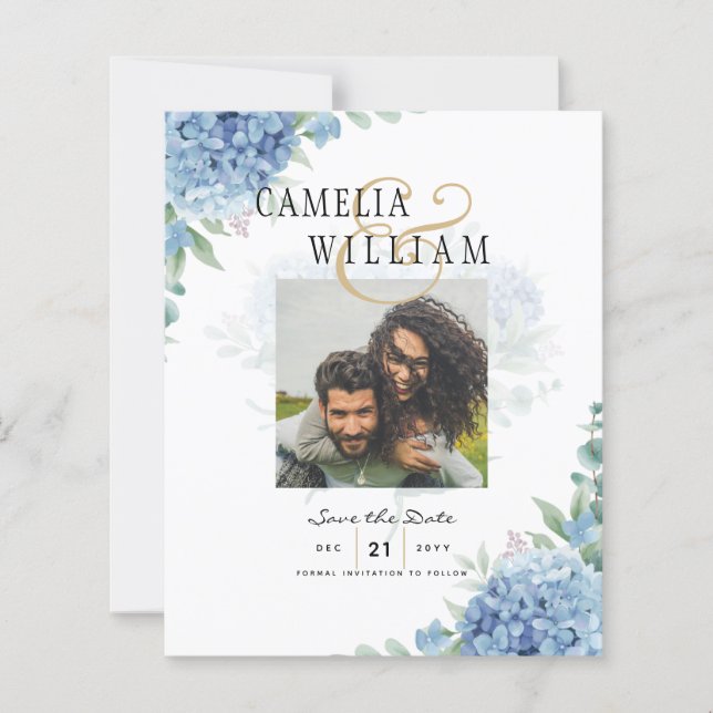 Lámina Hidrangea azul moderna Invitación a matrimonio Cód (Anverso)