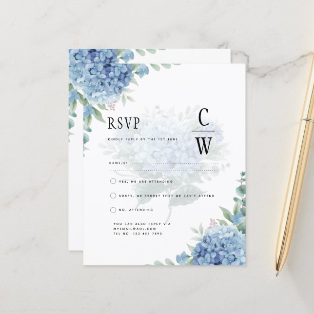 Lámina Hidrangea azul moderna Invitación a matrimonio Cód (Anverso/Reverso In Situ)