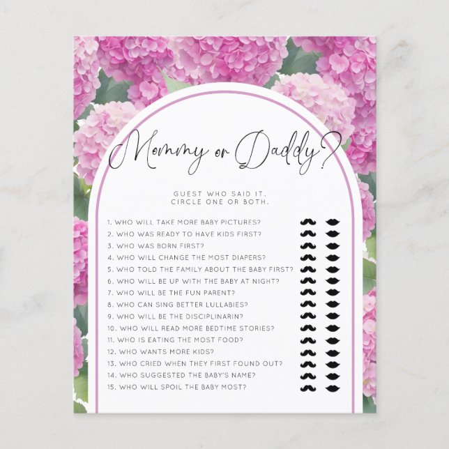 Lámina Hidrangea Baby Shower Mommy o Daddy Games (Anverso)