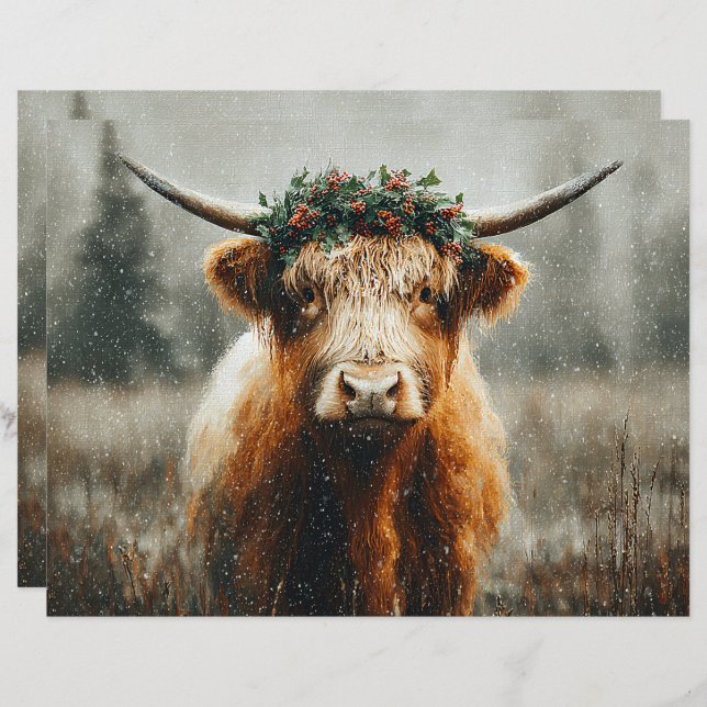 Lámina Highland Cow With Christmas Wreath Scrapbook Paper (Anverso / Reverso)