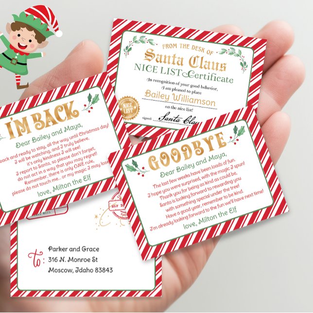 Lámina Hola Elf Adiós Elf North Pole Certificado de Niza (mini elf letter, print from home mini elf letters mini santa nice certificate letters)