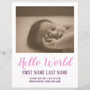 Lámina Hola Mundo - anuncio de nacimiento con foto