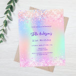 Lámina Holografía rosa invitación al presupuesto para 21<br><div class="desc">Invitación a la fiesta de cumpleaños 21 femenina y juvenil. Delante: Un fondo de color arcoiris y holográfico en color morado, rosa, verde menta. Decorada con brillantes rosas. Personalice y agregue un nombre y detalles del fiesta. El nombre está escrito con un guión de estilo con letras a mano, letras...</div>