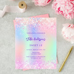 Lámina Holografía rosa morado Sweet 16 invitación para pr<br><div class="desc">Invitación a una fiesta de Sweet 16, chica y femenina. Delante: Un fondo de color arcoiris y holográfico en color morado, rosa, verde menta. Decorada con un confetti rosa oscuro. Personalice y agregue un nombre y detalles del fiesta. El nombre está escrito con un guión de estilo con letras a...</div>