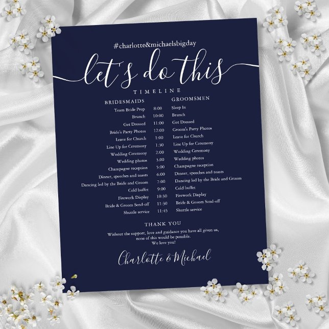 Lámina Horario de la boda azul marino elegante (Elegant Navy Blue Wedding Schedule Timeline)