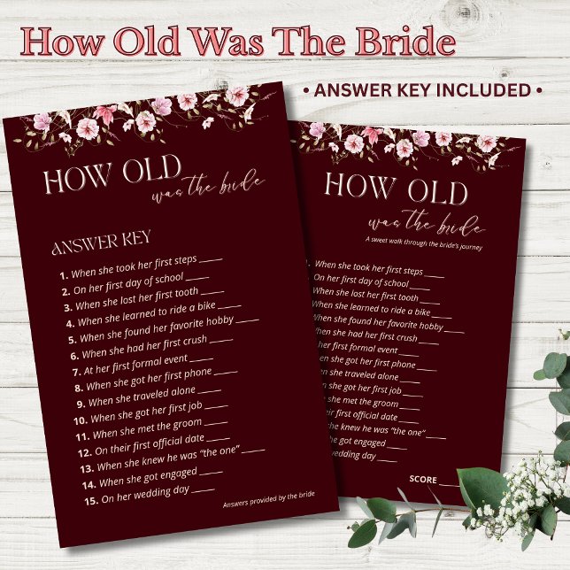 Lámina How Old Was the Bride Answer Key | Burgundy Floral (Subido por el creador)