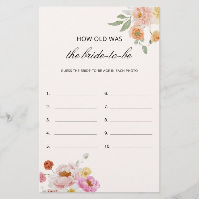 Lámina How Old Was The Bride Bridal Shower Game Card (Anverso)