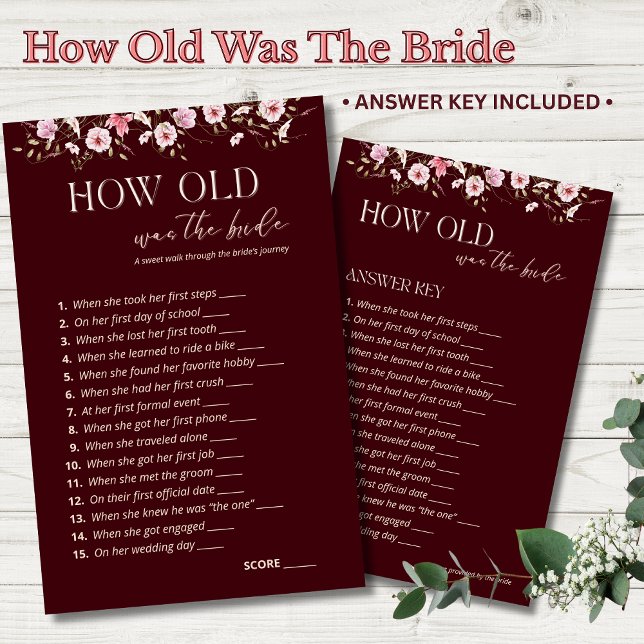 Lámina How Old Was the Bride Game | Burgundy Floral Game  (Subido por el creador)
