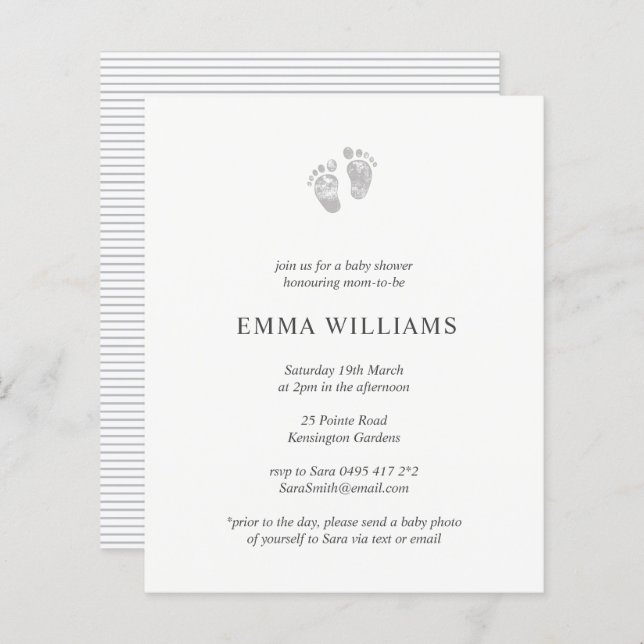 Lámina Huella gris de invitación a Baby Shower para presu (Anverso / Reverso)