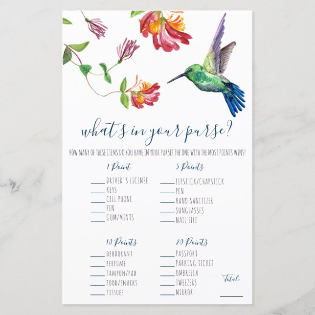 Lámina Humminbird ¿Qué hay en tu bolso? Juego (Anverso)