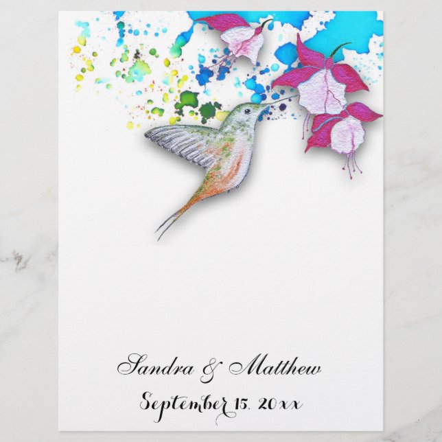 Lámina Hummingbird y Fuchsia Floral Boda Stationery (Anverso)
