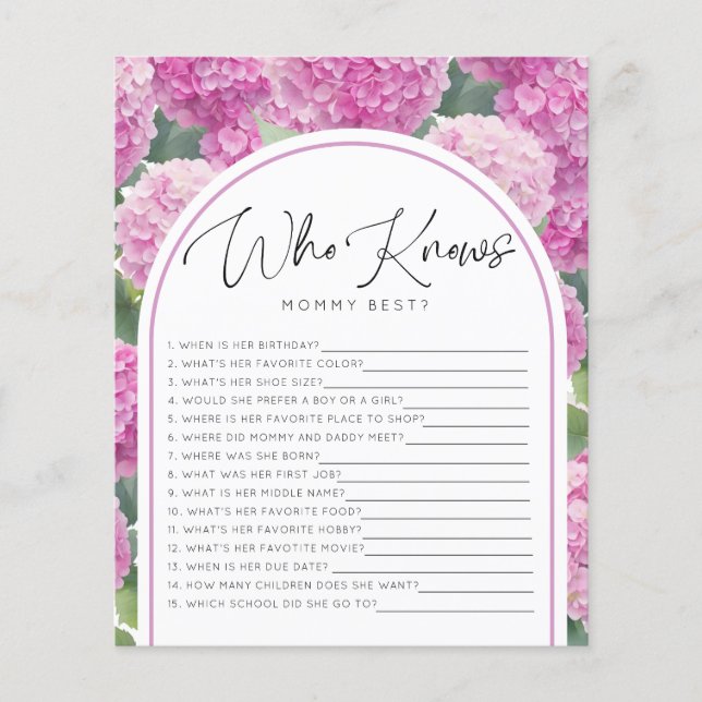 Lámina Hydrangea Baby Shower que conoce a mamá juegos (Anverso)