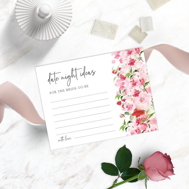 Lámina Ideas Noche Floral (Watercolor Red and Pink Floral Date Night Ideas Card for Bridal Showers)