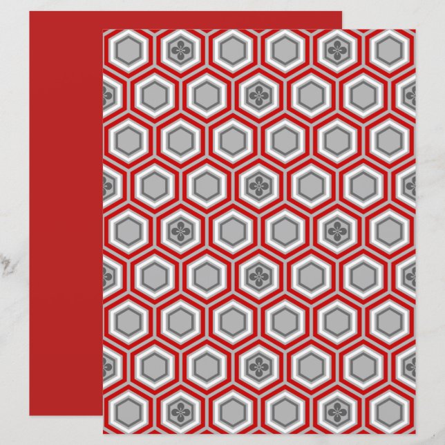 Lámina Impresión de Kimono Hexagonal, rojo y gris / gris (Anverso / Reverso)