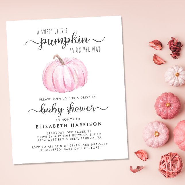 Lámina Impulso por la chica bebé ducha calabaza rosa invi (Celebrate the upcoming arrival of your sweet autumn baby with a pumpkin-themed drive by baby shower)