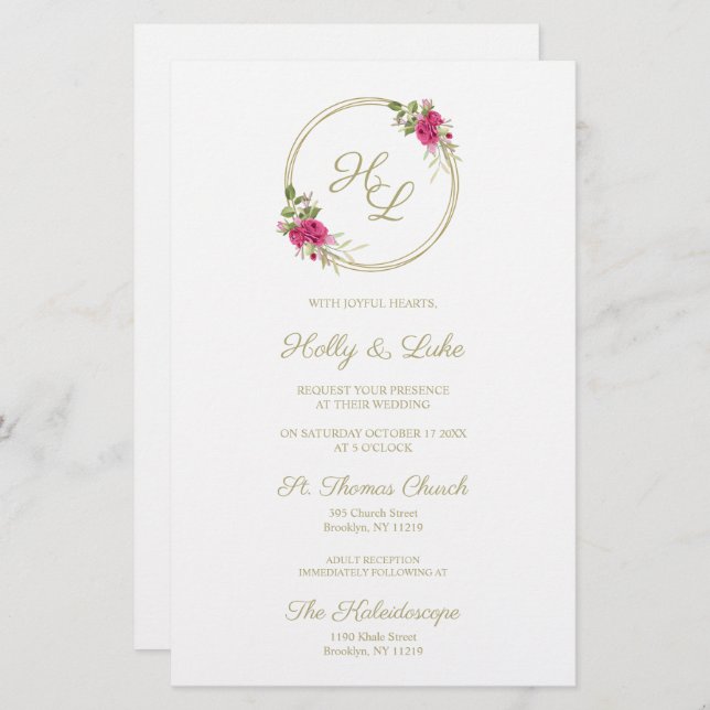 Lámina Iniciales Botánicas Rosadas Elegante Boda Wreath (Anverso / Reverso)