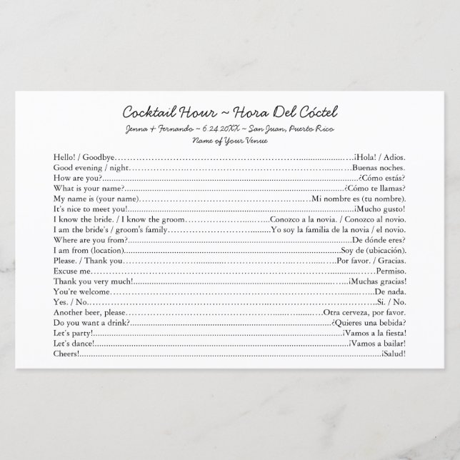 Lámina Inicio de conversación de la hora de cóctel biling (Anverso)