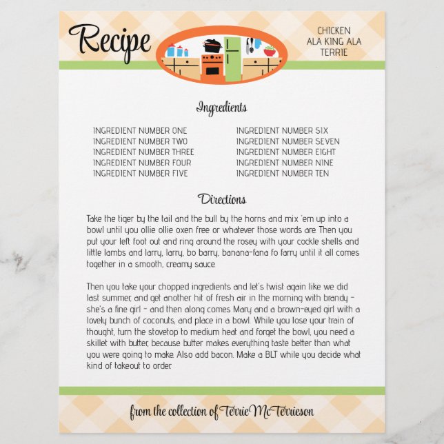 Lámina Inser de la receta de la cocina retro de gingham p (Anverso)