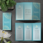 Lámina Instructor de Meditación de Yoga Gold Mandala Tri-<br><div class="desc">Yoga Fitness Studio / Instructor de Meditación / Entrenador personal / Coach de vida / Healer / Reiki Master / Masaje Terapia Tri-Fold Brochures Plantilla - Moda moderna Relieve metalizado dorado Faux Símbolos de Mandala Floral sobre el azul cristal / Verde azulado de color azul verde.</div>