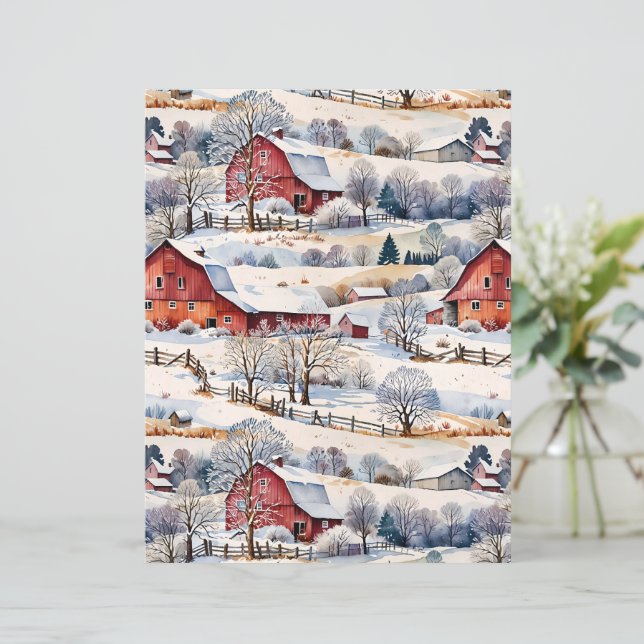 Lámina Invierno de granero rojo en la granja (Anverso de pie)