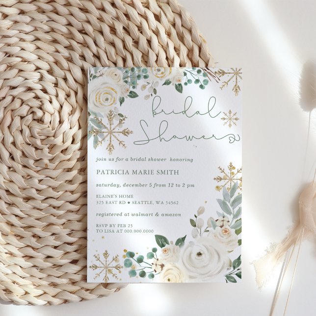 Lámina Invierno presupuestal Snowflake Floral Bridal Show (Christmas Winter Snowflake Floral bridal shower Invitation)