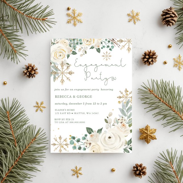 Lámina Invierno Presupuestario Compromiso Floral De Copo  (Christmas Winter Snowflake Floral Engagement Invitation)