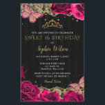 Lámina Invitación 16 de Budget Pink Roses Black Gold<br><div class="desc">Elegante presupuesto Vintage Roses rosados mariposas Black Gold Lace Sweet 16 cumpleaños Invitación</div>