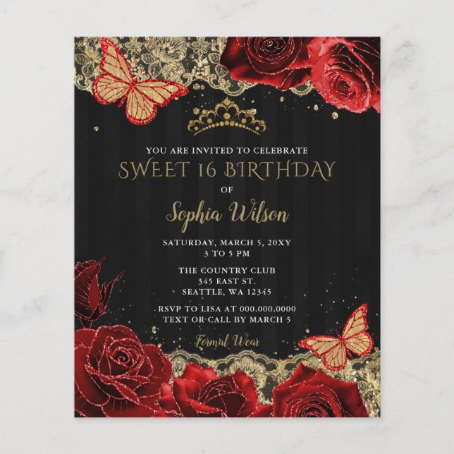 Lámina Invitación 16 de Budget Red Roses Black Gold Sweet (Anverso)