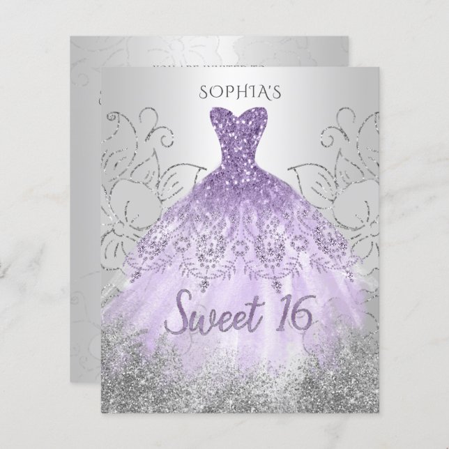 Lámina Invitación a 16 Budget Silver Purple Vestido Dulce (Anverso / Reverso)