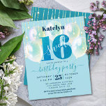 Lámina Invitación a 16 globos de Budget Blue Purpurina Sw<br><div class="desc">"Feliz dulce 16". Envíe esta impresionante, sencilla, festiva, moderna, personalizada invitación para una fiesta de presupuesto para un evento que recordar. La tipografía azul negrita, gráfica, profunda y verde azulada y el guión manuscrito superponen un purpurina azul verde azulado "16", globos azul verde agua y luces de cuerda brillantes doradas...</div>