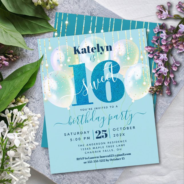 Lámina Invitación a 16 globos de Budget Blue Purpurina Sw (Subido por el creador)