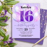 Lámina Invitación a 16 globos de Budget Purple Purpurina<br><div class="desc">"Feliz dulce 16". Envíe esta impresionante, sencilla, festiva, moderna, personalizada invitación para una fiesta de presupuesto para un evento que recordar. Tipografía negrita, gráfica, negra y escritura manuscrita superponen globos morados y luces de cuerda brillantes de oro en un fondo morado suave. Personalice el texto del personalizado con el nombre...</div>