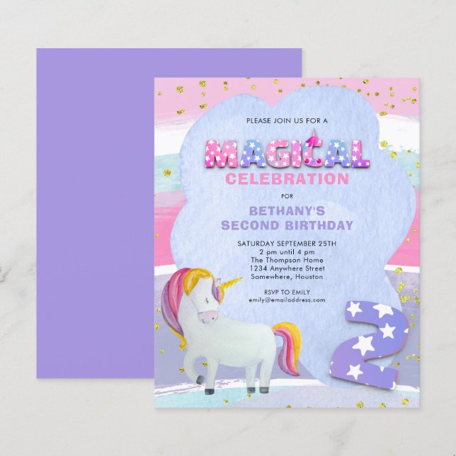 Lámina Invitación a 2º cumpleaños mágica de unicornio de  (Anverso / Reverso)