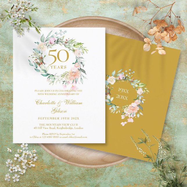 Lámina Invitación a 50 años de Garland, Rosas de presupue (Budget Roses Garland 50th Anniversary Invitation)