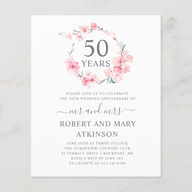 Lámina Invitación a 50 años del Budget Pink Cherry Blosso (Anverso)