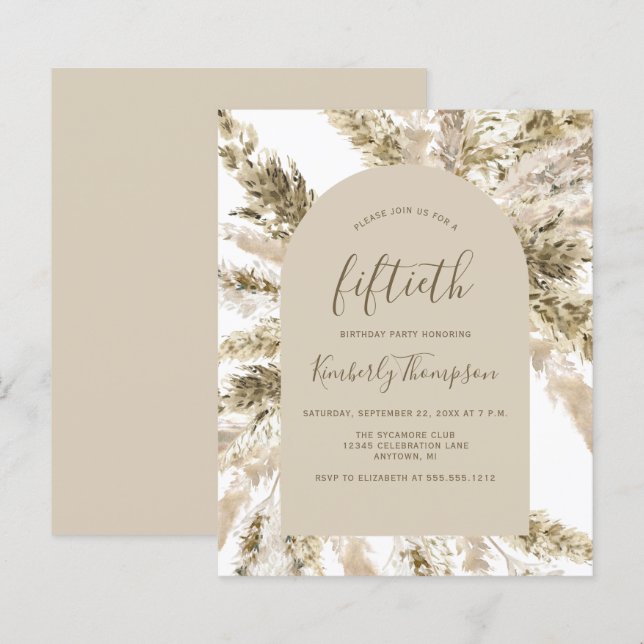 Lámina Invitación a 50 cumpleaños del Arco de Grass Boho  (Anverso / Reverso)