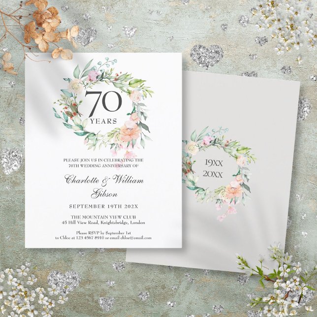 Lámina Invitación a 70 años de Garland, Rosas de presupue (Budget Roses Garland 70th Anniversary Invitation)