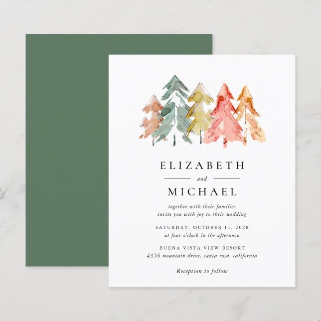 Lámina Invitación a acuarela de pinos rústicos presupuest (Anverso / Reverso)