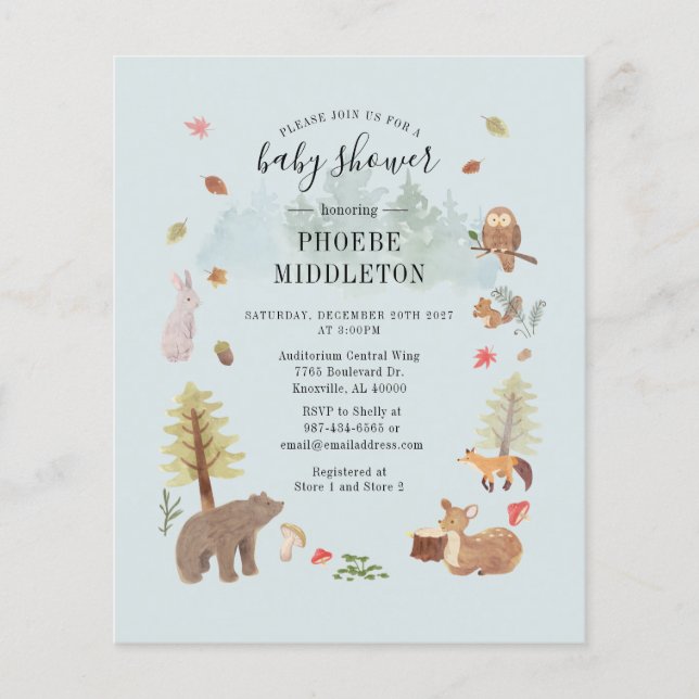 Lámina Invitación a animales de Woodland de Baby Shower c (Anverso)