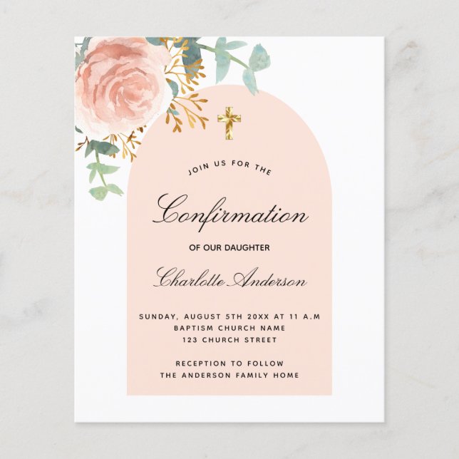 Lámina Invitación a arco floral rosa de confirmación de p (Anverso)