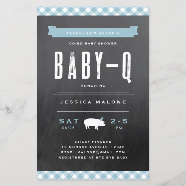 Lámina Invitación a Baby Shower BBQ Blue Co-ed para bebé  (Anverso)