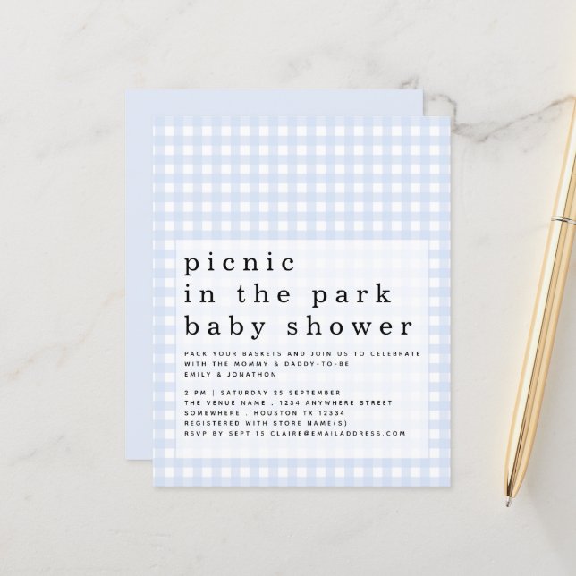 Lámina Invitación a Baby Shower Blue Gingham de Budget Pi (Anverso/Reverso In Situ)